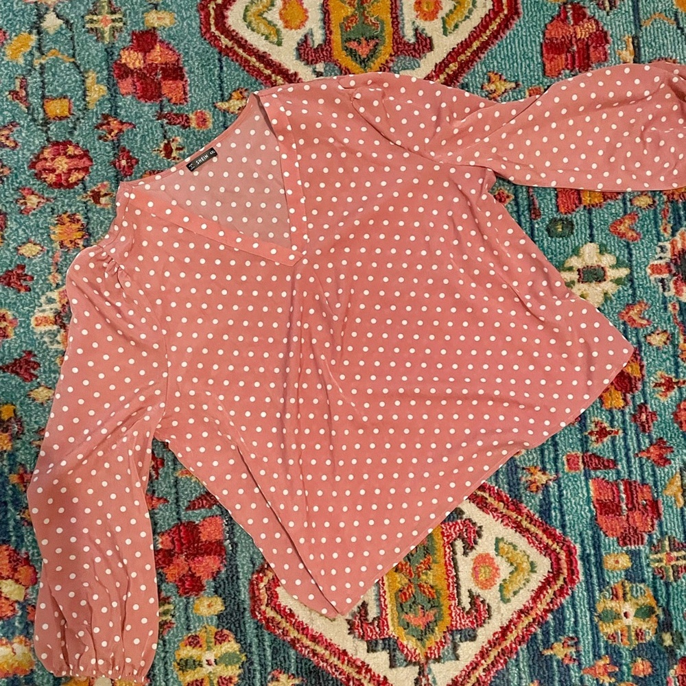SHEIN Pink Polka Dot Long Sleeve Blouse